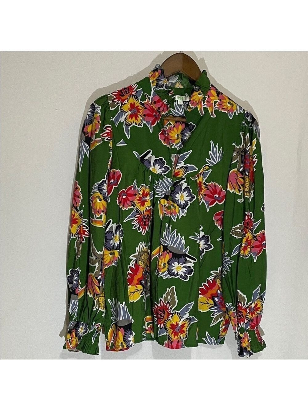 Jade Green Floral Mock Neck Long Sleeve Blouse Large